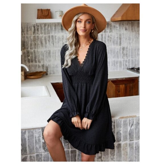 SHEIN Frenchy Swiss Dot Flounce Sleeve Guipure Lace Trim Shirred Dress L - Picture 5 of 14